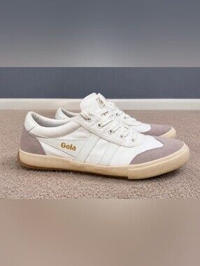 Gola White Canvas Sneakers with Gold Logo and Beige Sole